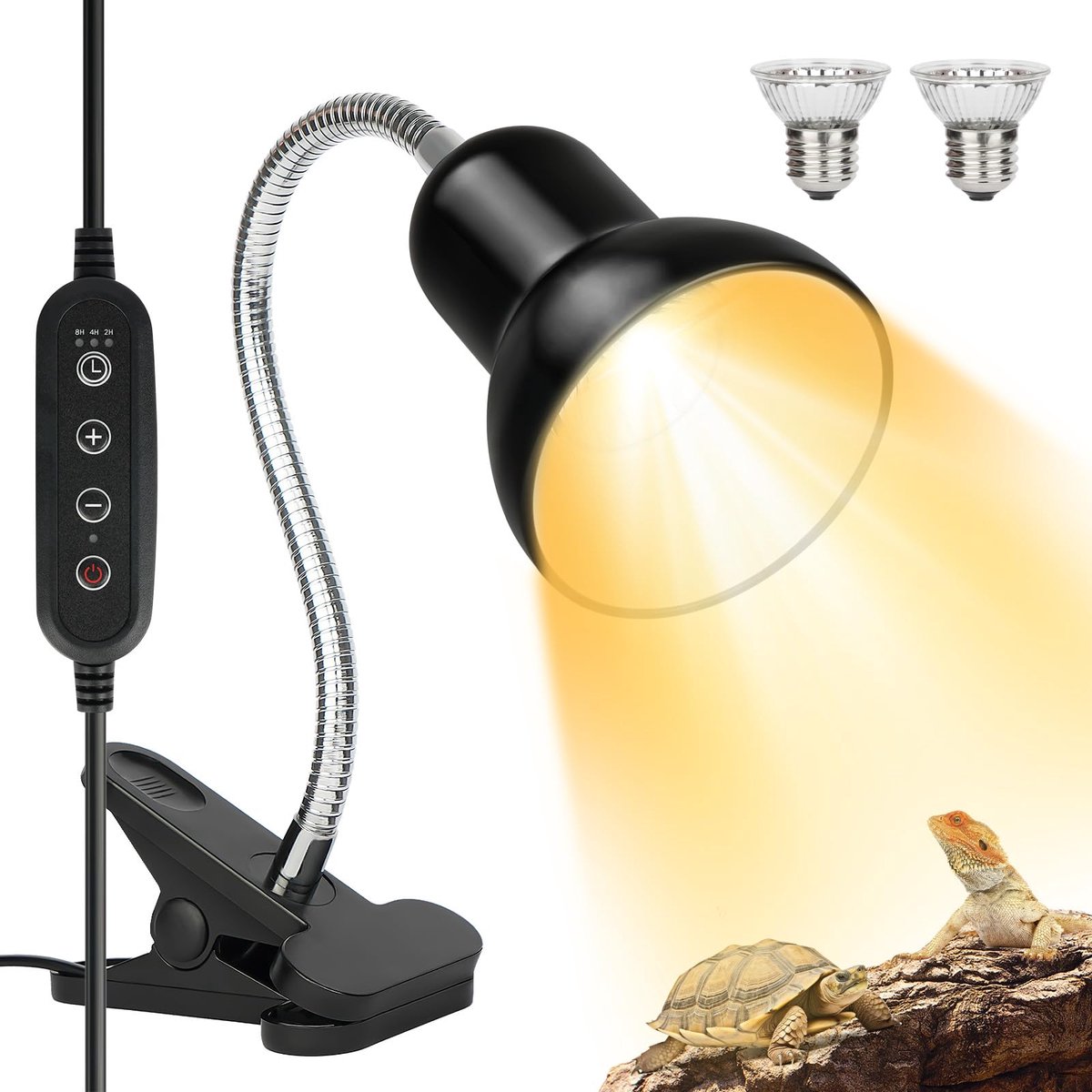 Gigicial UVB-lampen voor schildpadden - Verwarmingslampen voor reptielen - UVA/UVB-verwarming en instelbare temperatuur - Set van 2 - Geschikt voor schildpaddenverblijven (zwart)