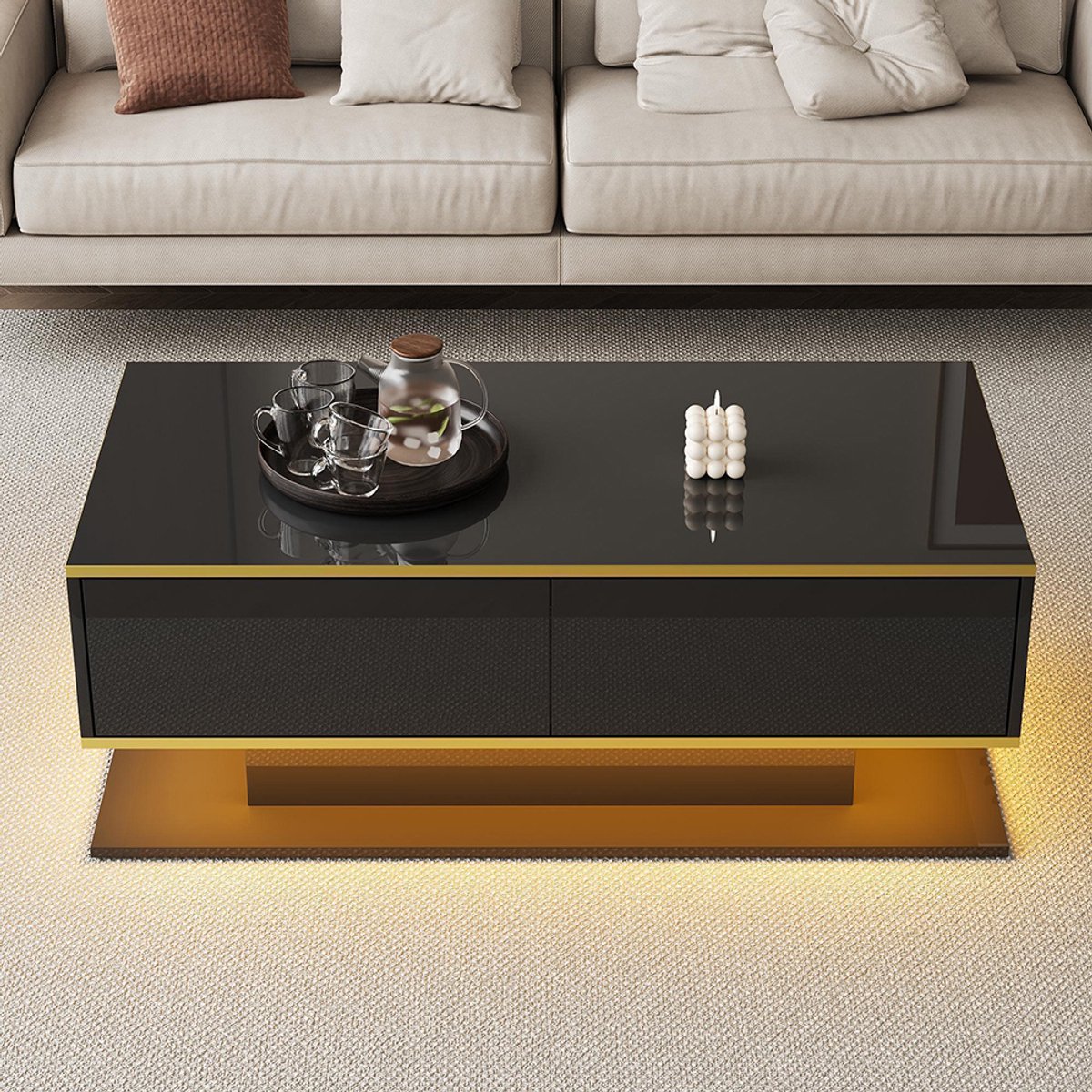 KOMHTOM BLACKCOLORS Moderne LED-salontafel met glanzende afwerking, 100 cm lang, gouden versieringen, 3 lades en USB-ledstrip (adapter/externe batterij vereist). Zwart+Goud