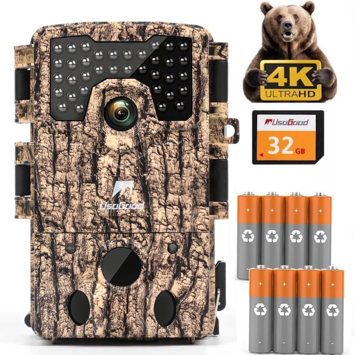 Usogood Wildcamera met Nachtzicht voor Buiten - Wildcamera met Nachtzicht - 4K Ultra HD 48MP - 120° Detectiehoek - Incl. 32GB SD & 8 Batterijen