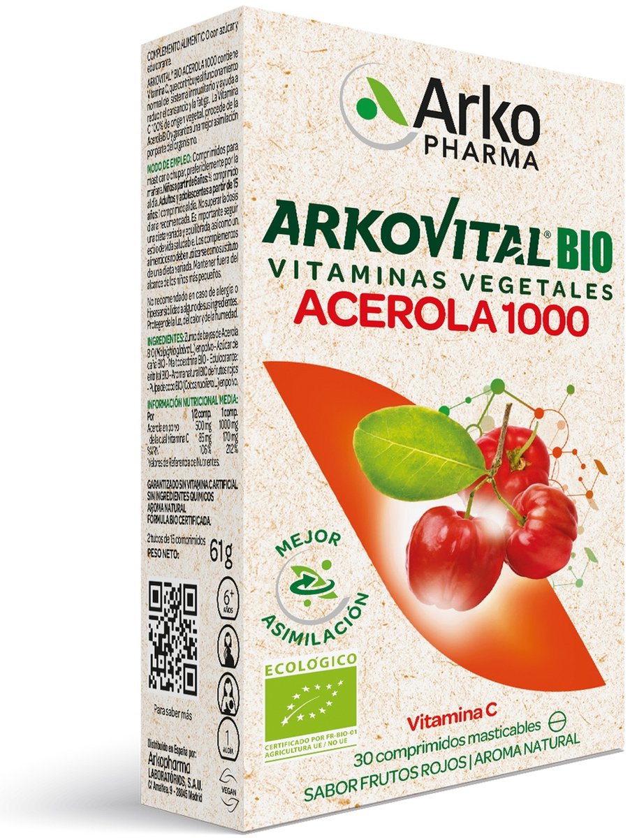 Arkovital Acerola 1000 Vitamine C 30 Kauwtabletten|Arkovital Acerola 1000 Vitamin C 30 chewable tablets|Arkovital Acerola 1000 Vitamine C 30 comprimés à croquer