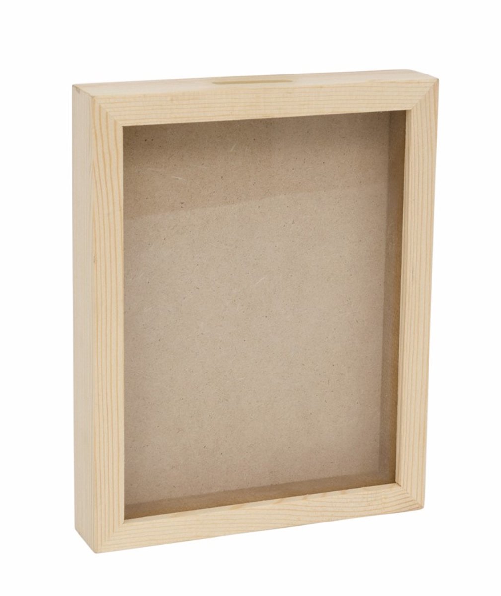 Hobbygroep spaarpot hout transparant decoratie 19,8x15x4 cm.