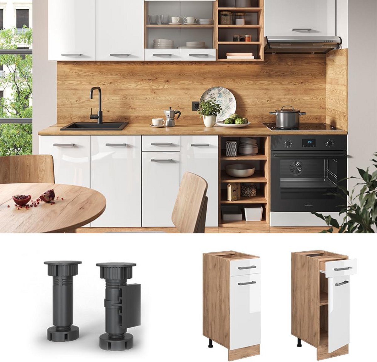 Keukenonderkast Lade en Deur 30 cm Wit Hoogglans Eiken Goud - Modulair