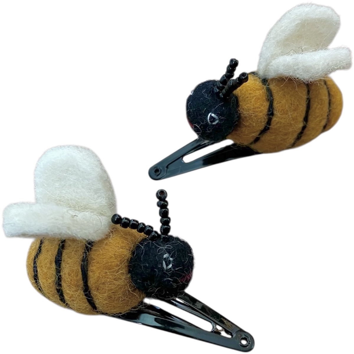 Luna-Leena duurzame haarspeldjes bij geel (set) - L5cm - wol vilt - klik klak speld zwart - handgemaakt in Nepal - bee hair clips - haar accessoires - cadeau - feest - verjaardag - sieraad - dieren speldjes