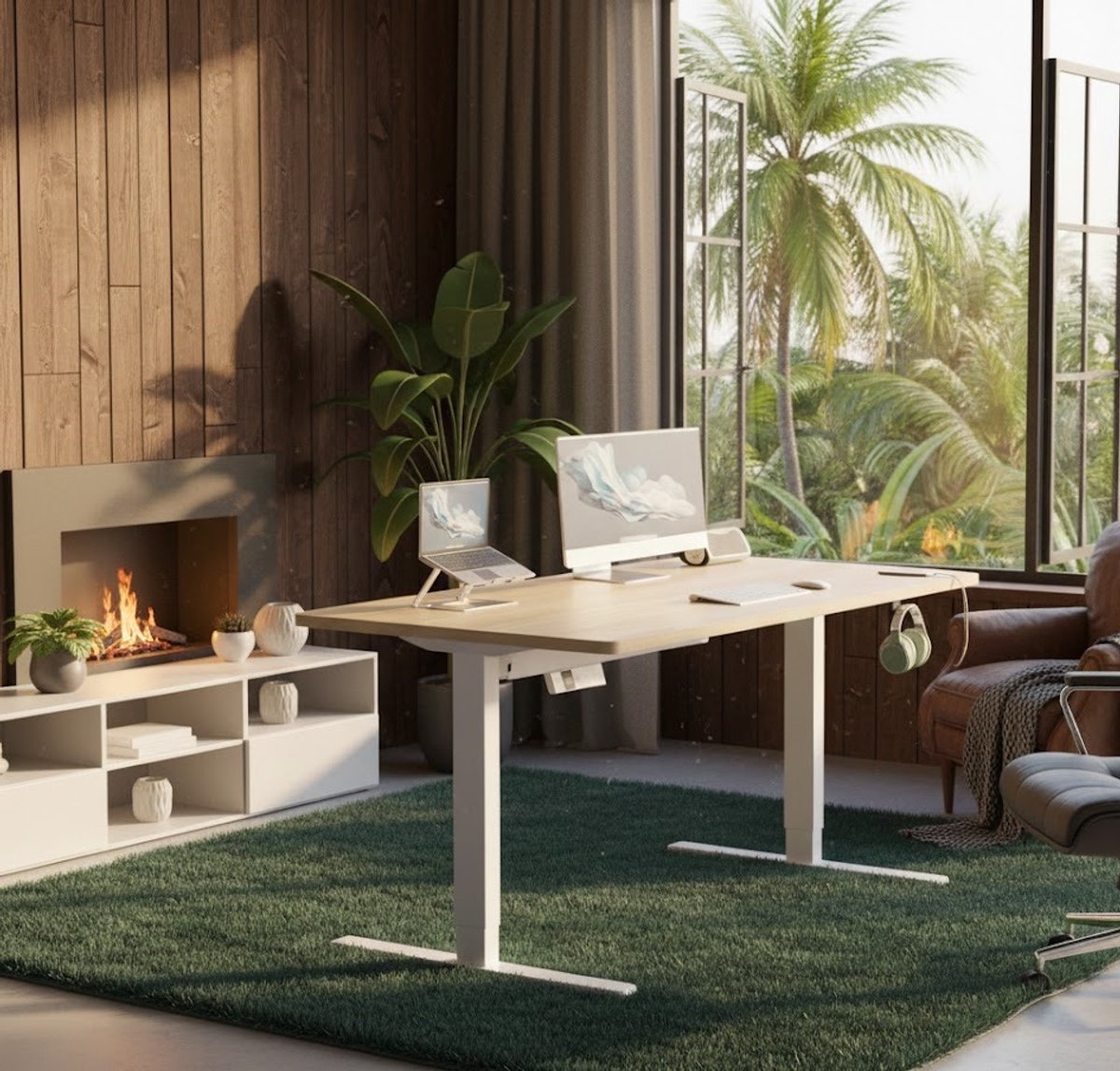 Elektrisch verstelbaar bureau 120x80 cm met Type-C-aansluiting en afsluitfunctie – Beige | Casa Serena – Casa Dorada