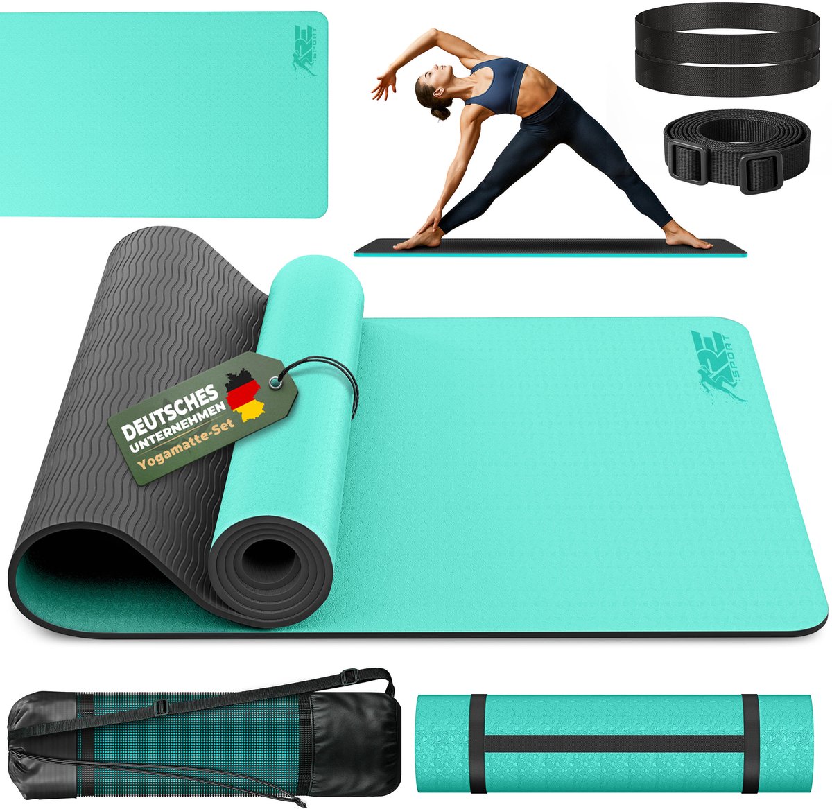 RE:Sport Yogamat, ftalaatvrij, gymnastiekmat, antislip, fitnessmat, vrij van schadelijke stoffen, trainingsmat met draagriem, 183 x 61 x 0,6 cm