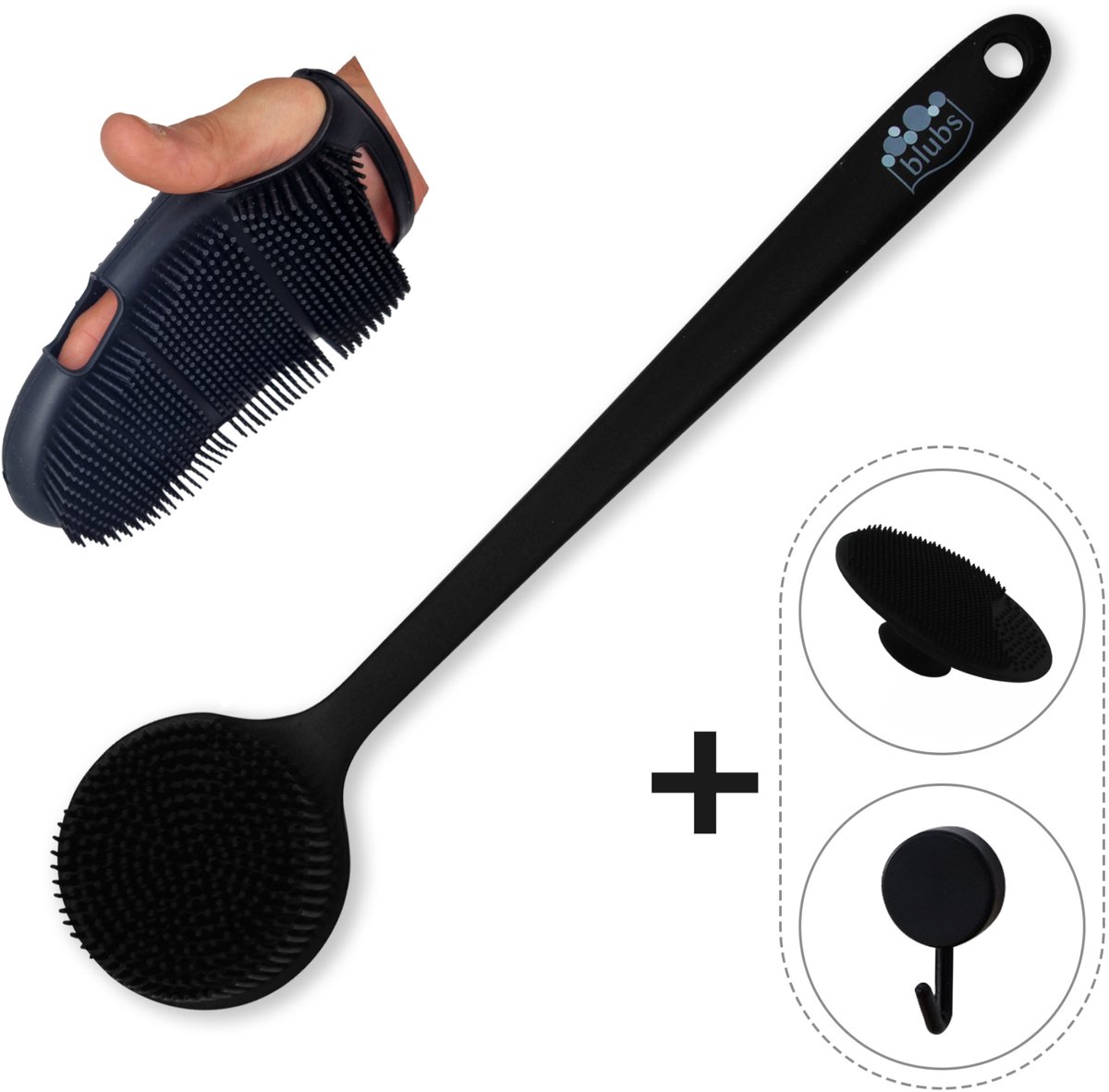 Blubs® – Set siliconen rugborstel, washand en gezichtborstel – Lichaamsborstel – Rugborstel douche met steel – Huidborstel – doucheborstel – bad- & doucheaccessoires – Badborstel met steel – Doucheborstel – Siliconen borstel – Massage – Zwart