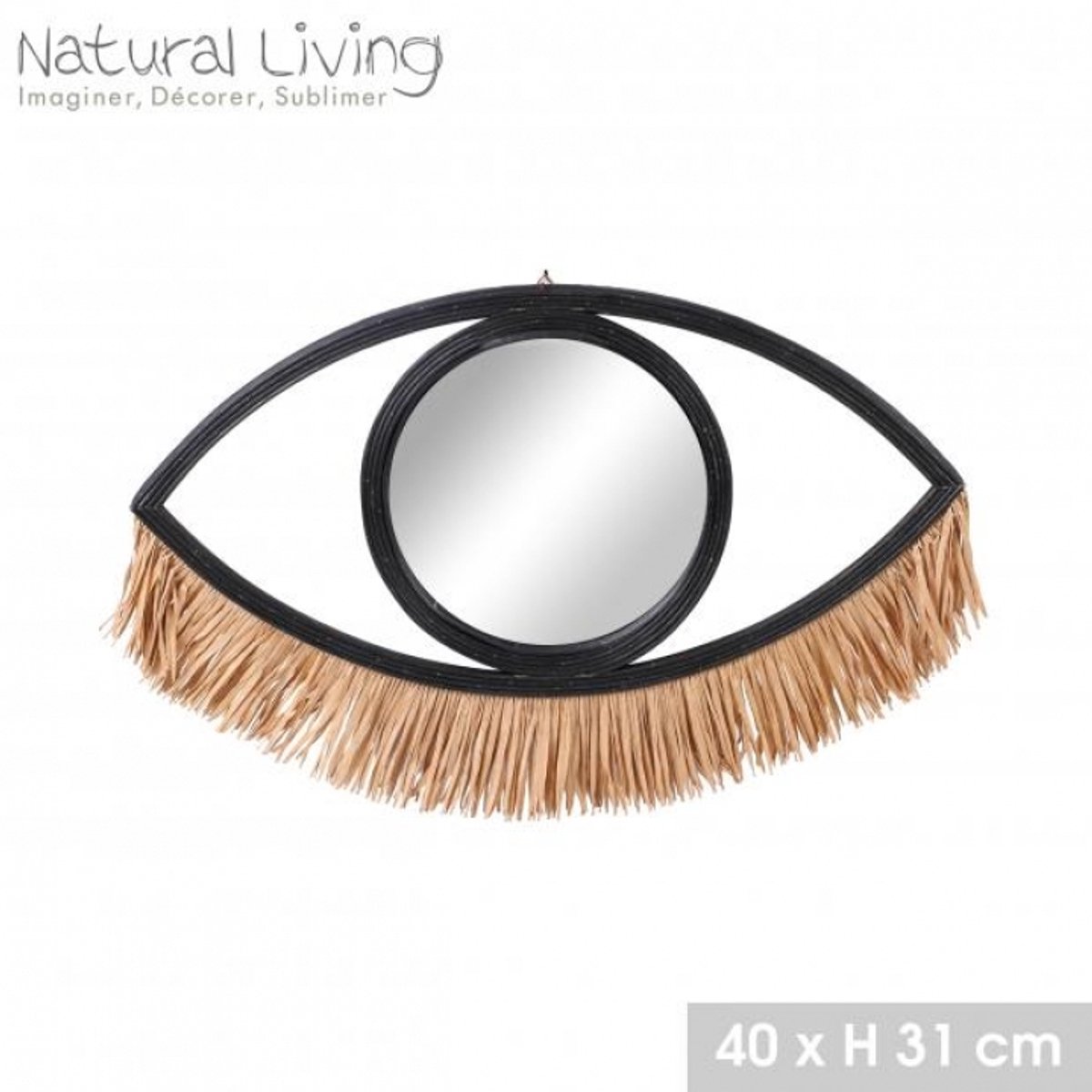 "NATURAL LIVING" Spiegel ILANA van zwart rotan met raffia franjes 41 x H31 cm
