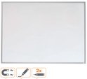 Wit whiteboard met aluminium lijst met pictogrammen voor magnetisch gebruik en twee markers.