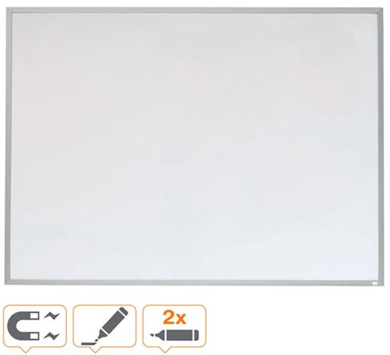 Wit whiteboard met aluminium lijst met pictogrammen voor magnetisch gebruik en twee markers.