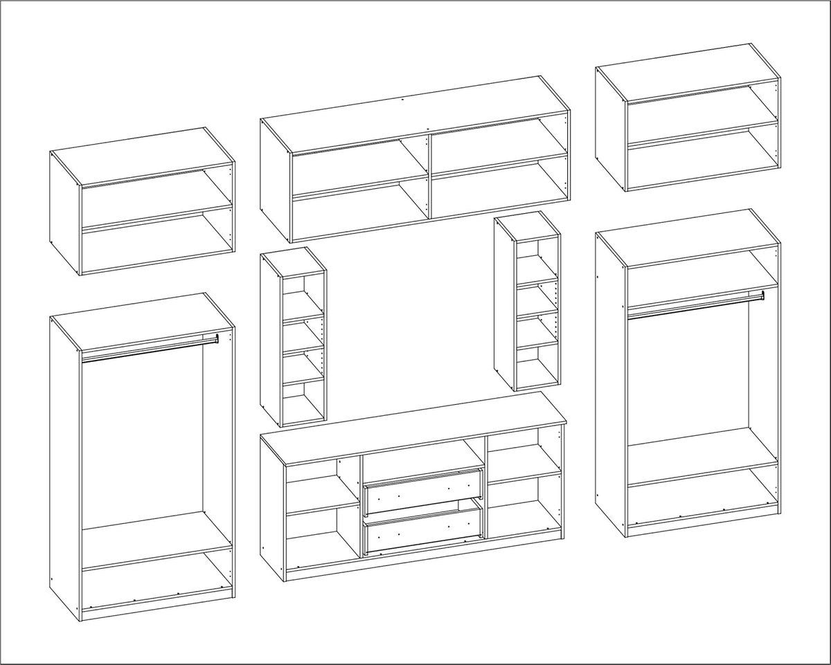 Moderne 3-delige Woonwand Dako XL 380 x 240 x 54 cm – Ruime Kastwand met TV-kast, Wandrek en Bovenkasten – Wit/Zwart – Abkantoor
