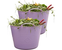 Flexibele kuip / emmer - 2x - lila paars - 15 liter - kunststof - 35 x 28 cm - met handvatten