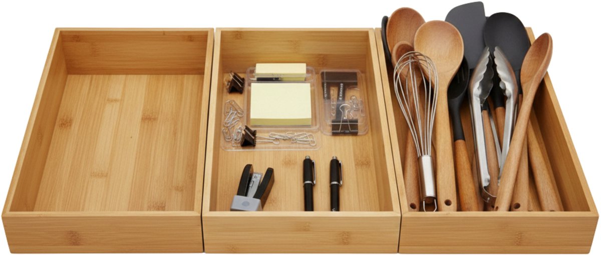 Gerimport Lade organizer - 3x - bamboe hout - 32 x 24 x 7 cm - bakje - kast sorteerbakje