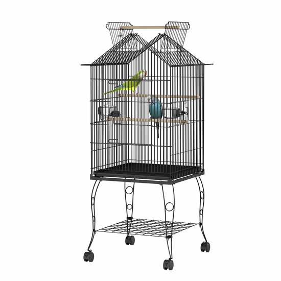 Metalen vogelkooi 55x55x145cm, parkietenkooi met zitstok, houten standaard, valkparkietenkooi, draagbare volière met dakraam, deur, voerbak, uitneembare lade en wielen NAIZY