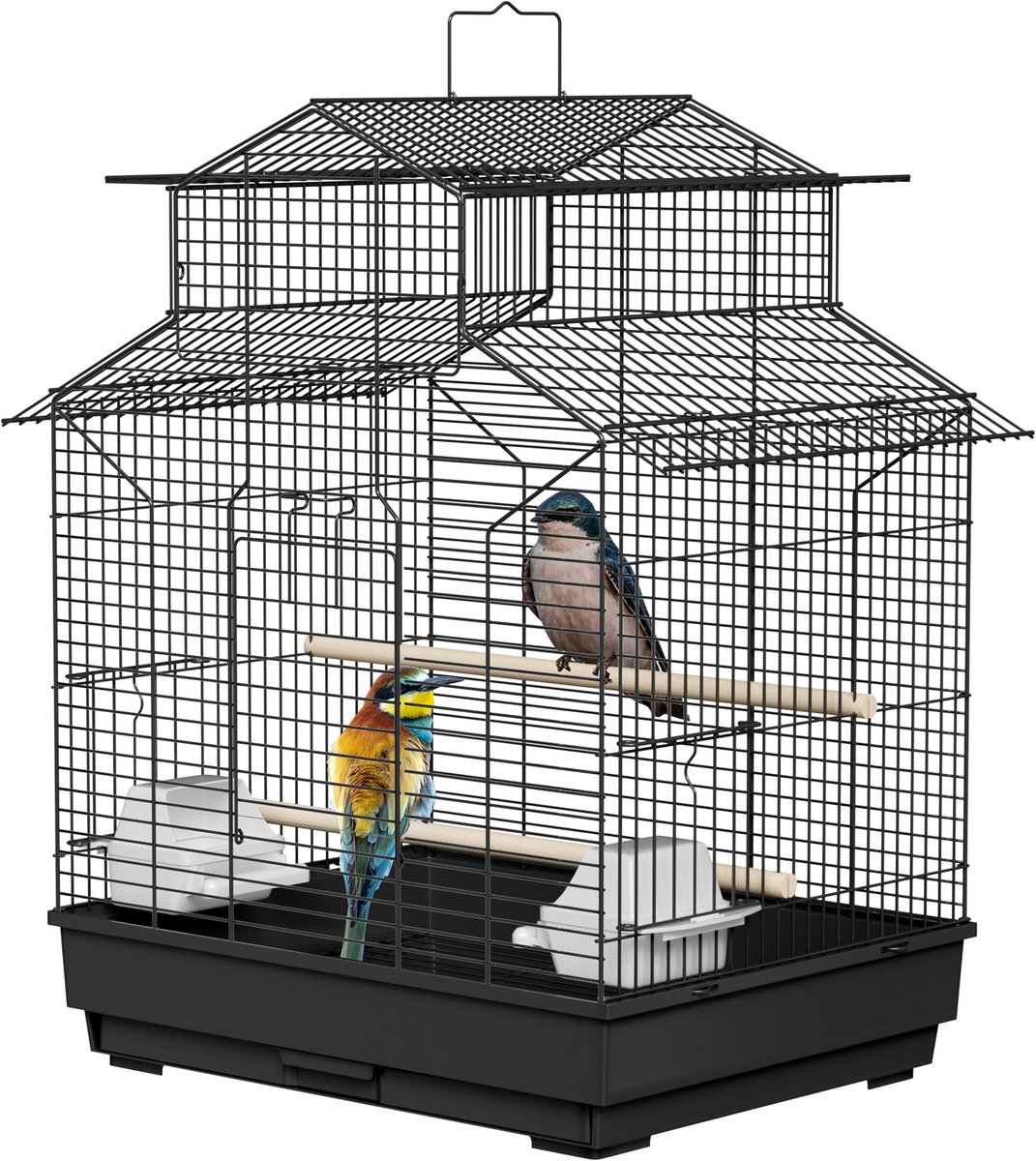 Metalen vogelkooien, parkietenkooi met zitstok, houten standaard, valkparkietenkooi, 46x36x62cm, draagbare volière met voerbak en uitneembare lade voor siervogels NAIZY
