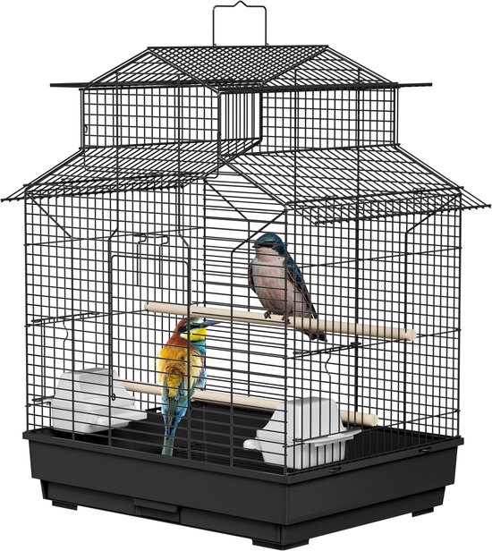 Foto: Metalen vogelkooien parkietenkooi met zitstok houten standaard valkparkietenkooi 46x36x62cm draagbare voli re met voerbak en uitneembare lade voor siervogels naizy