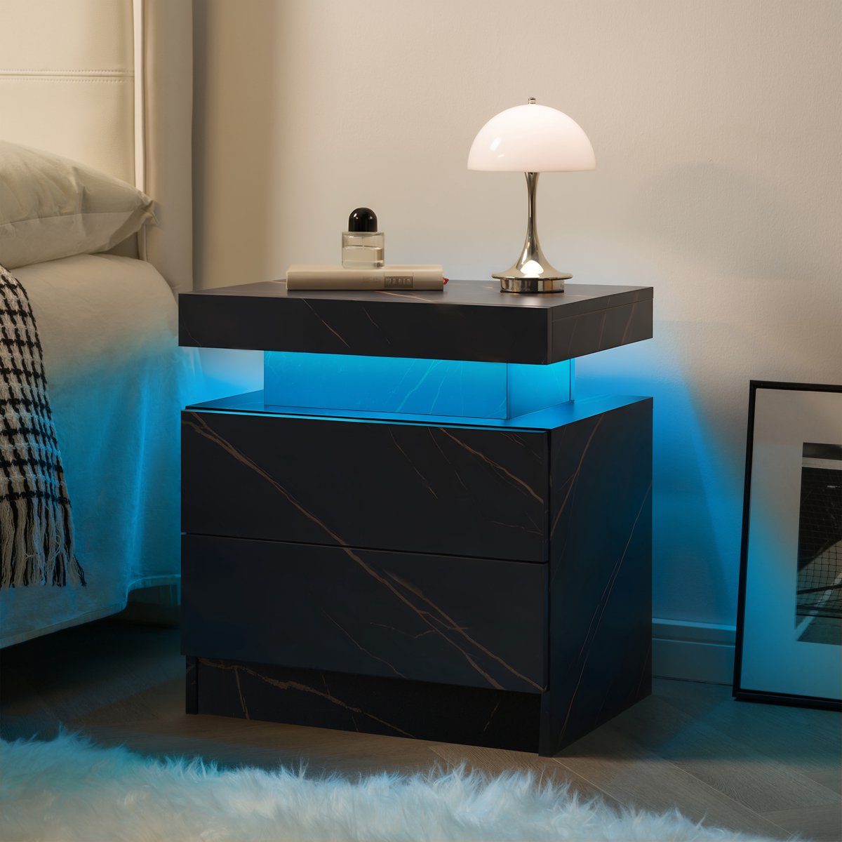 OKWISH Nachtkastje Met Led Verlichting Met 2 Lades En Open Vak Voor Slaapkamer En Woonkamer Spaanplaat Zwart Goud