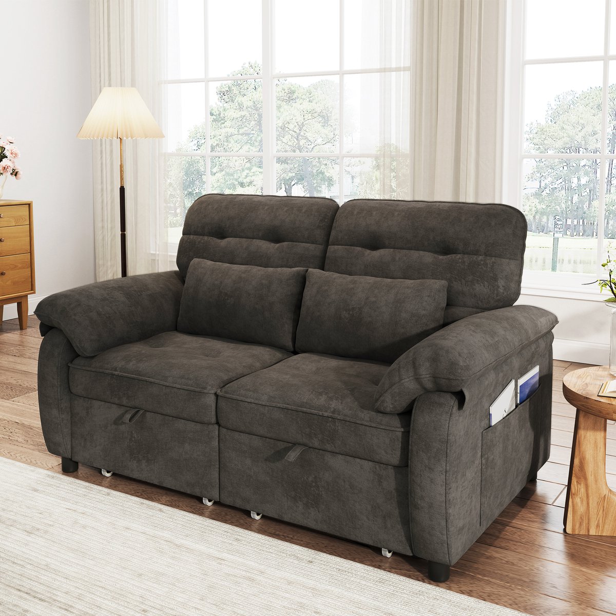 OKWISH Slaapbank 142 X 90 X 86,5 Cm - Drie In Een Functie Met Verstelbare Rugleuning En Oplaadpoorten - Voor Woonkamer Of Logeerkamer - Chenille - Grijs