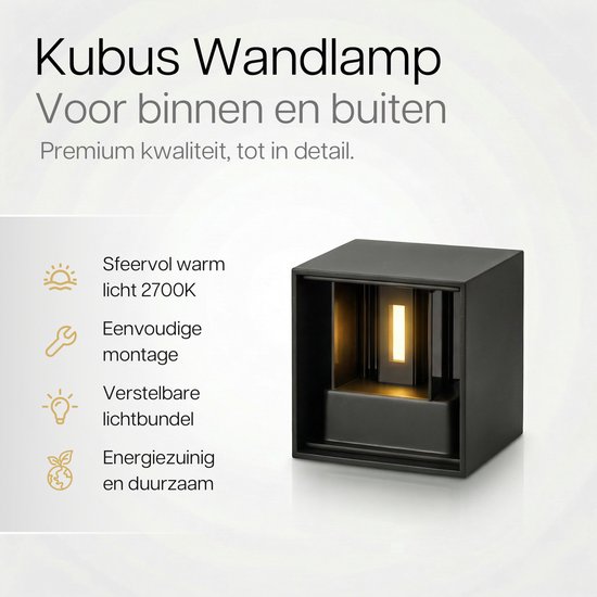 Zwarte vierkante kubus wandlamp met warme lichtbundel van 2700K. Gemaakt van geborsteld aluminium.