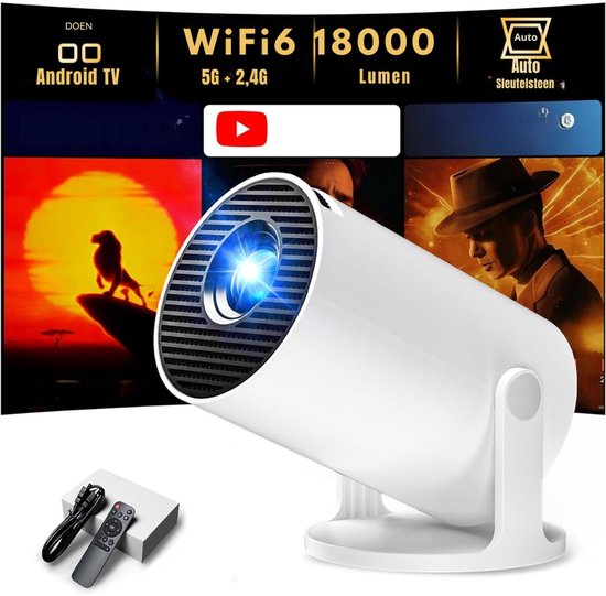 Draagbare mini beamer wit 1080P HD projector AKIYO O2 met Android 11, WiFi 6, Bluetooth 5.2, trapeziumcorrectie