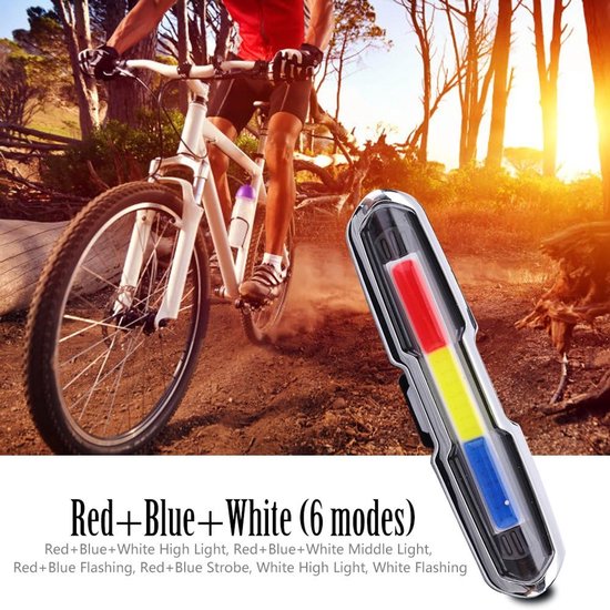 2-Stuks - Fiets Achterlicht - Ultra Helder USB Oplaadbaar Hoog LED Achterlicht - Fietsaccessoires voor Fietsen en Mountainbikes - Rood + Blauw + Wit - Waterdicht - Eenvoudig te Monteren - Veiligheid voor Nachtelijk Fietsen — afbeelding 2