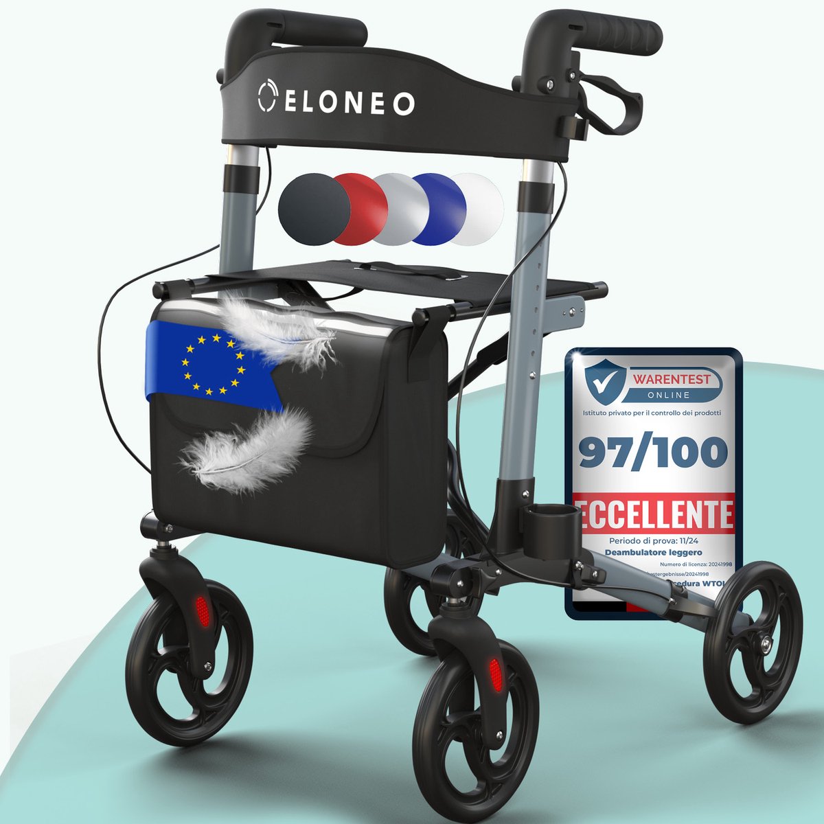 ELONEO Rollator – Lichtgewicht & Opvouwbaar - Binnen&Buiten - met Rugleuning - Wandelstokhouder -Tas