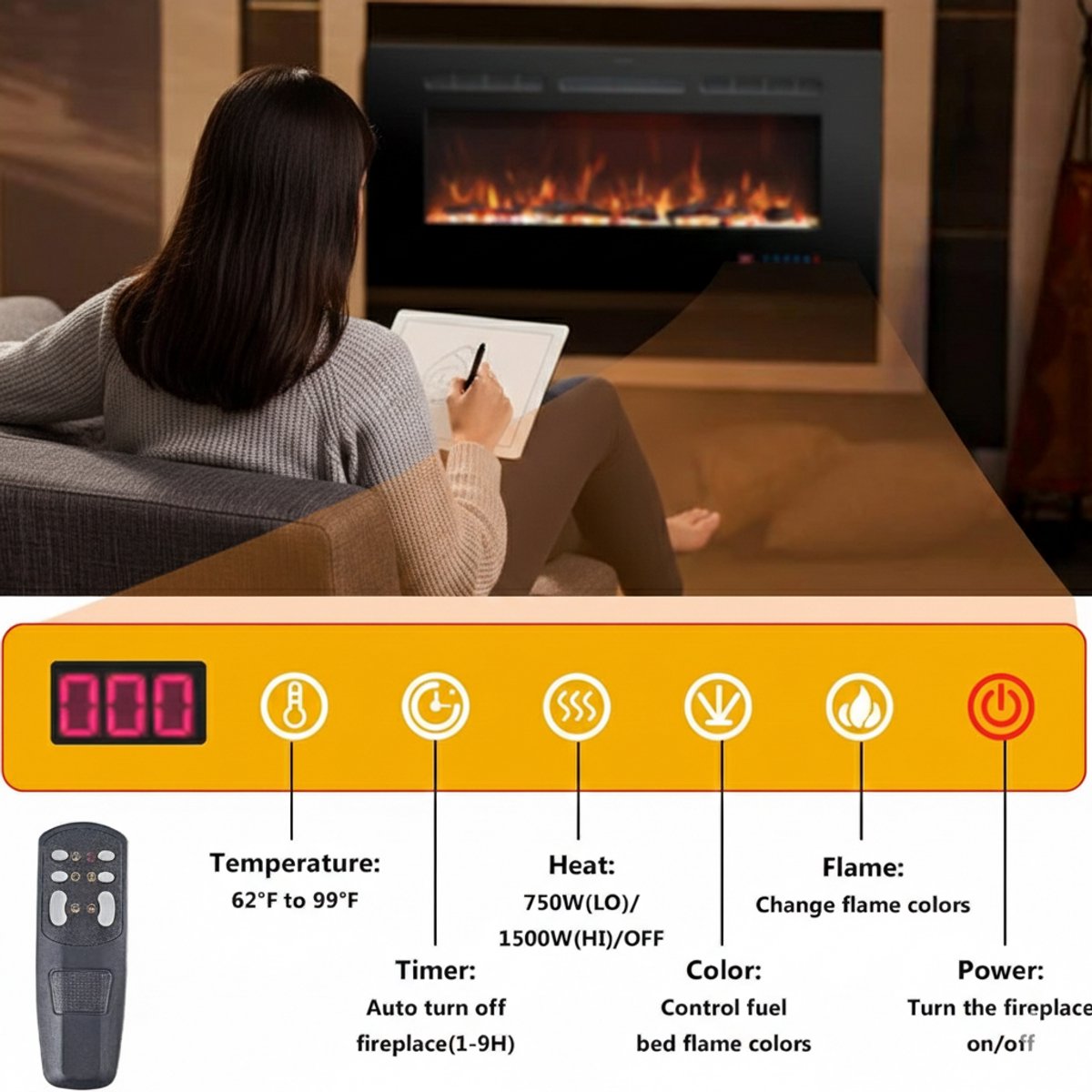 Elektrische Vuurplaats Casa Velluto Siena – 96 Inch Wandgemonteerde Sfeerhaard, 750/1500W Verwarming, 13 Kleurenvlammen met Houten Log & Kristal, Afstandsbediening, Timerfunctie – Luxe Binnenhaard voor Woonkamer of Slaapkamer