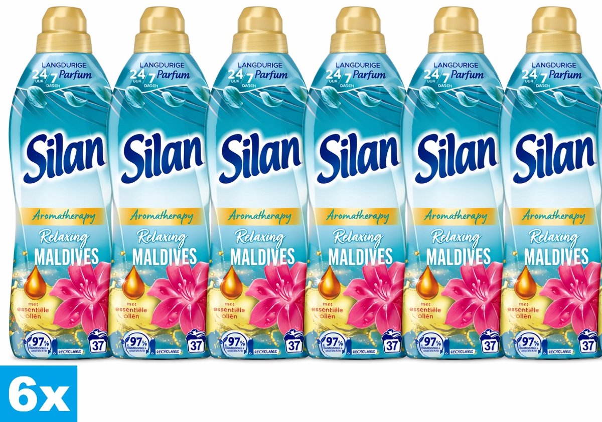 Silan Aromatherapy Relaxing Maldives Wasverzachter – 6 x 814 ml – 6 Stuks – 24u Geur – 222 Wasbeurten (6x37) – Voordeelverpakking
