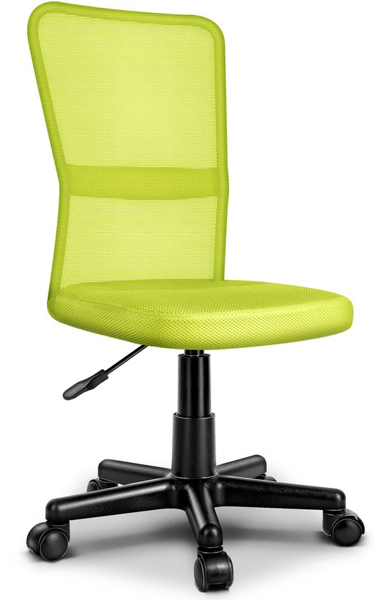 Volledige weergave van de lichtgroene, ergonomische bureaustoel met zwarte basis.