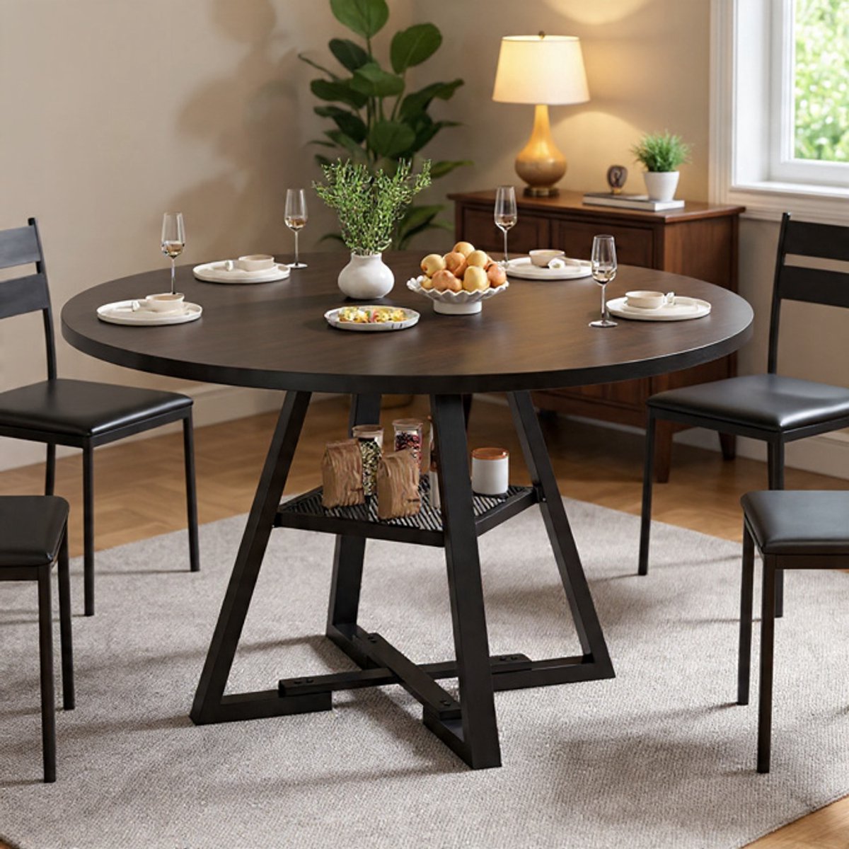 Ronde Uittrekbare Eettafel Serenaa Supreme 110-150 cm - Luxe Spider Pool - 4 tot 8 Personen - Houtlook Tafelblad met Zwart Metaal - Modern Design Eettafel-Casa Serena – 150 cm – Casa Dorada