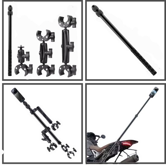Motorfietsstuurhouder voor Insta360, dubbele klembevestiging met 118cm selfiestick voor Insta360 X3 X2 X ONE RS R, perfect voor fietsvideo's, parapluklem, fietsstuurbevestiging voor derden