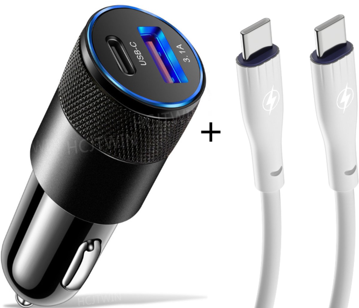 Autolader - USB-C + USB-A - Inclusief USB-C naar USB-C Kabel 1m - Snellader - Zwart
