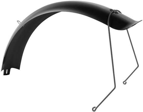 Zwart achterspatbord voor fatbike met metalen steunen.