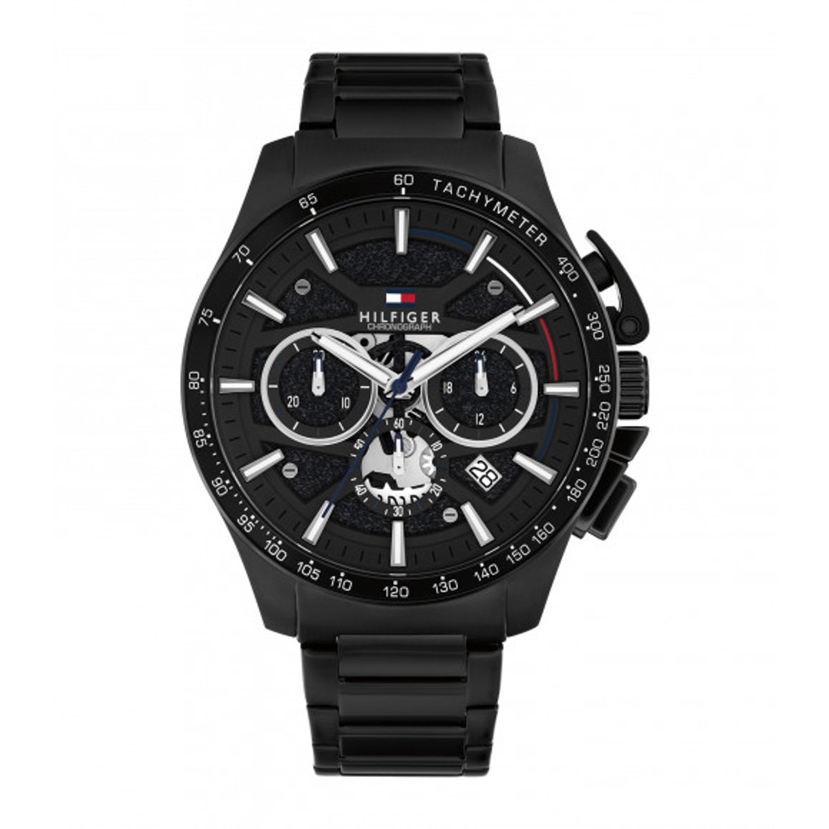 Tommy Hilfiger Chrono Horloge, Zwarte Stalen Band, Zwarte Wijzerplaat, Stalen Kast Zwarte Pvd, Datum, 44Mm, 5 Atm, 1792262
