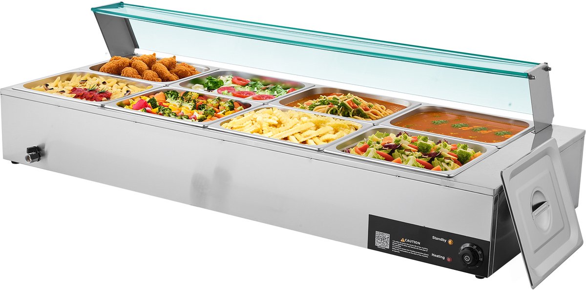 Commerciële voedselverwarmer, 1700 W elektrische roestvrijstalen stoombuffetverwarmer met glazen deksel, 8-pans aanrechtmodel bain-marie met soep- en geperforeerde pollepels, ideaal voor catering, restaurants en evenementen