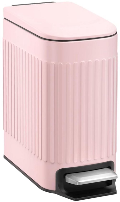 Roze rechthoekige prullenbak met geribbeld design, zwart deksel en zilverkleurig voetpedaal.