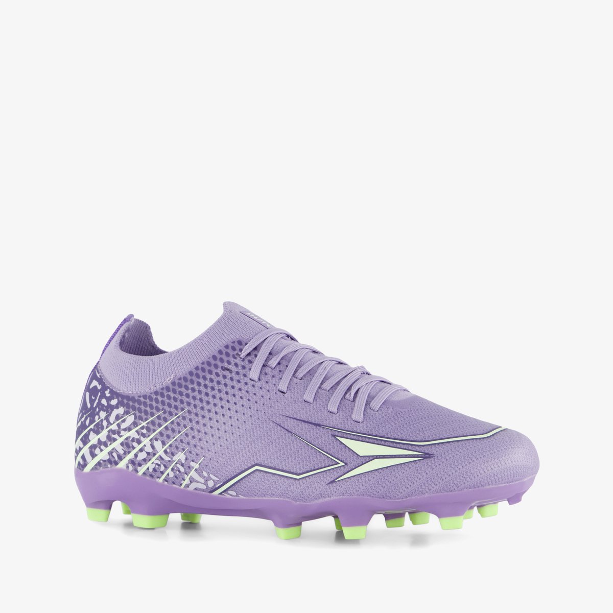 Paarse kinder voetbalschoenen met groene noppen, gemaakt van imitatieleer en textiel, maat 39, uitneembare zool.