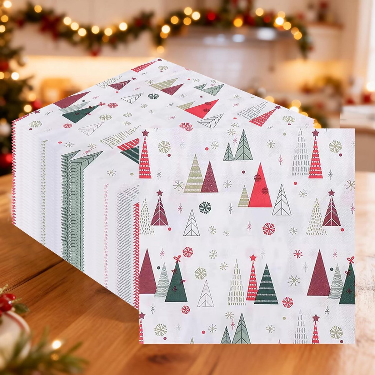 20 stuks Witte Kerstservetten met Geometrisch Boomprint - 2-laags Feestservetten