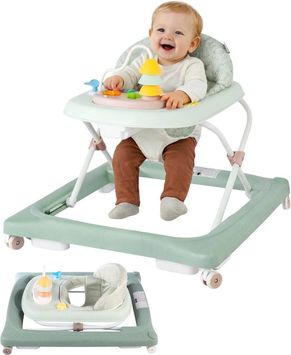 Born Lucky Loopstoel / Baby Walker – Makkelijk in te klappen – In hoogte verstelbaar – Met afneembare speelset - Soft Groen