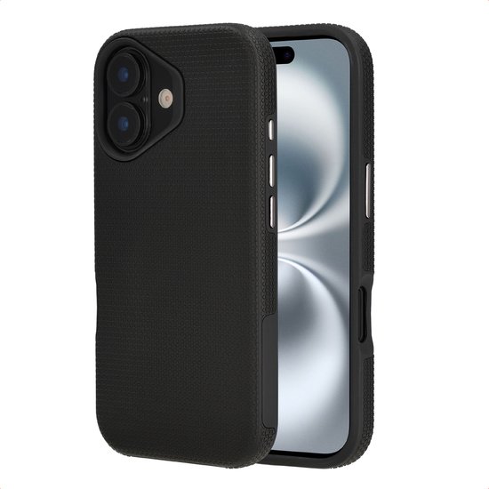 Coque de smartphone noire texturée sur fond blanc, à côté d'un iPhone 14.