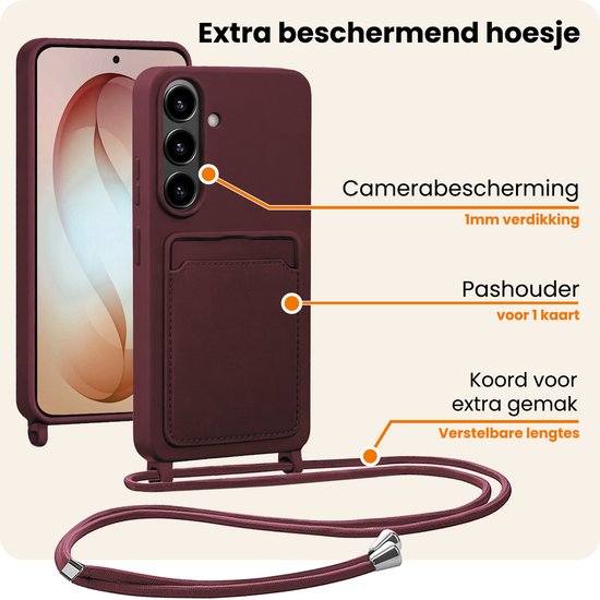 Aubergine hoesje met kaarthouder en koord, benadrukt camérabescherming, kaarthouder en koord.