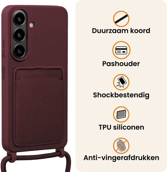 Aubergine hoesje met kaarthouder en koord, met iconen voor duurzaam koord, kaarthouder, schokbestendig en anti-vingerafdruk.
