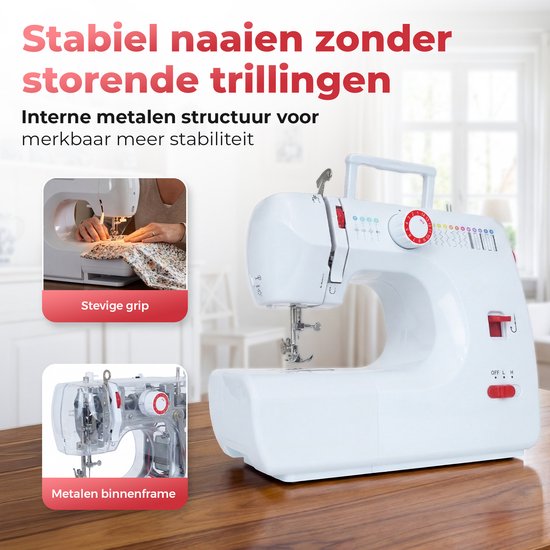 Witte naaimachine met rode knoppen en een duidelijk patroonselectie.