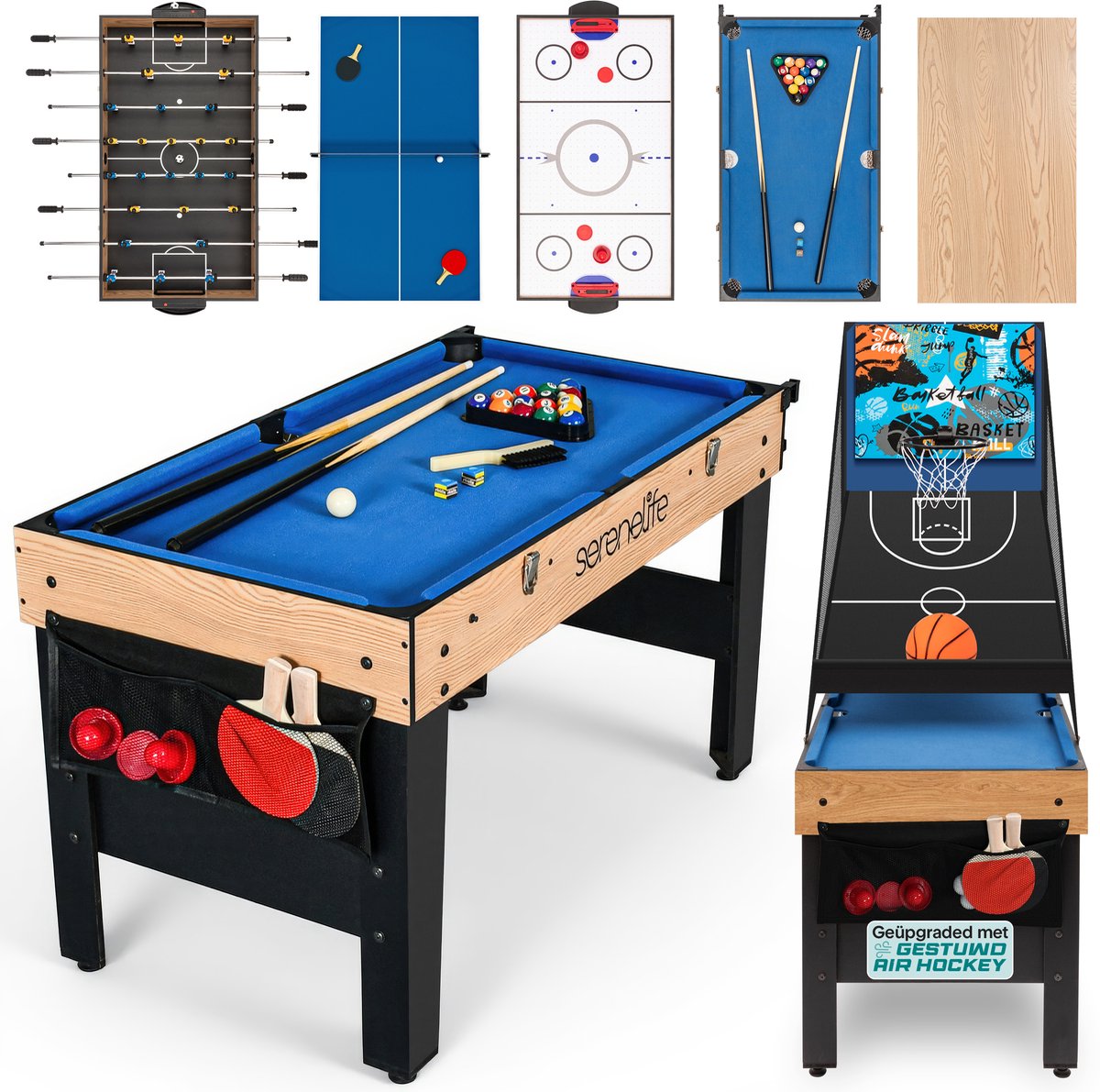 SereneLife 6-in-1 Multispeeltafel – Binnen & Buiten Speelset met Biljart, Airhockey, Tafelvoetbal, Basketbal, Tafeltennis – Voor Gezinnen, Kinderen & Volwassenen