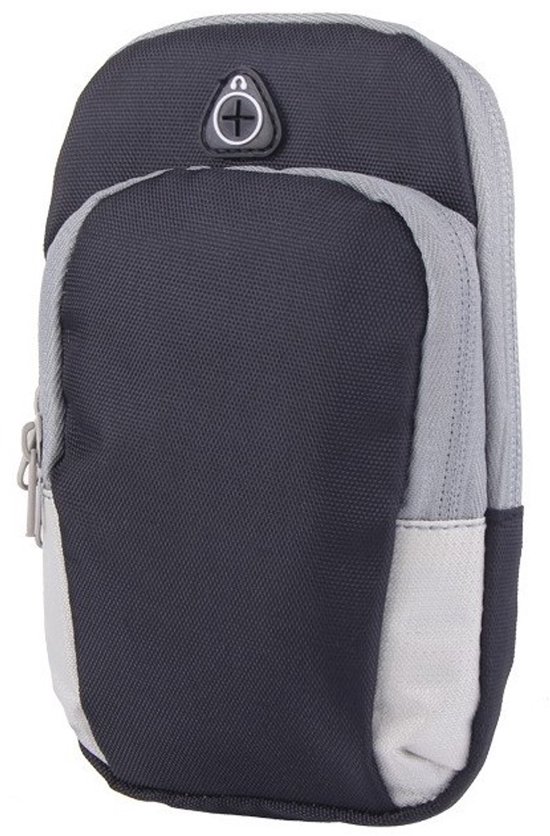 Donkerblauwe en grijze sportarmband met rits en een klein vakje aan de voorkant.