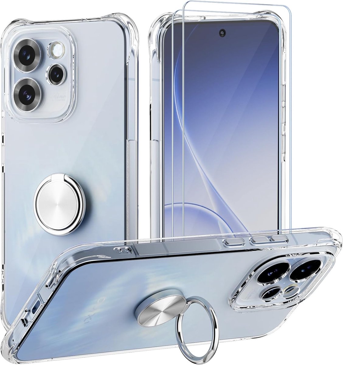 Zandarix Geschikt voor Oppo Reno 15F/FS - 2 Screenprotector - 360 Graden - Magnetische Ring - Schokbestending - Back Cover Hoesje - Zilver