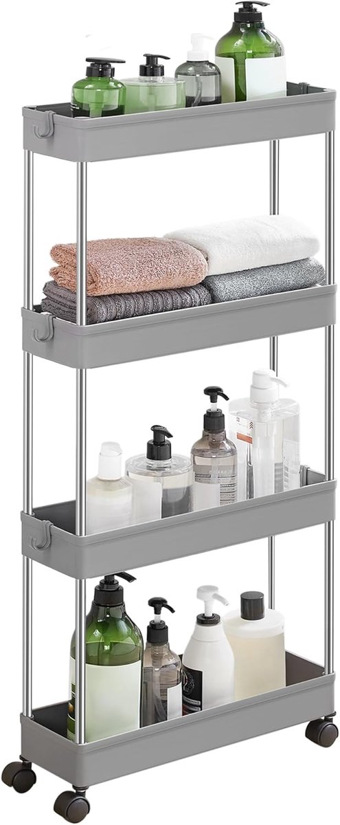 Furnstar Keukenwagen – 4-laags Nisrek op Wieltjes – Ruimtebesparend Opbergrek voor Badkamer & Keuken – 40 x 13,5 x 86 cm – Grijs