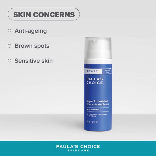 Blauwe flacon van Paula's Choice Resist Super Antioxidant Concentrate Serum met de tekst 'Normal Dry', naast de opsomming 'SKIN CONCERNS': Anti-ageing, Brown spots, Sensitive skin.