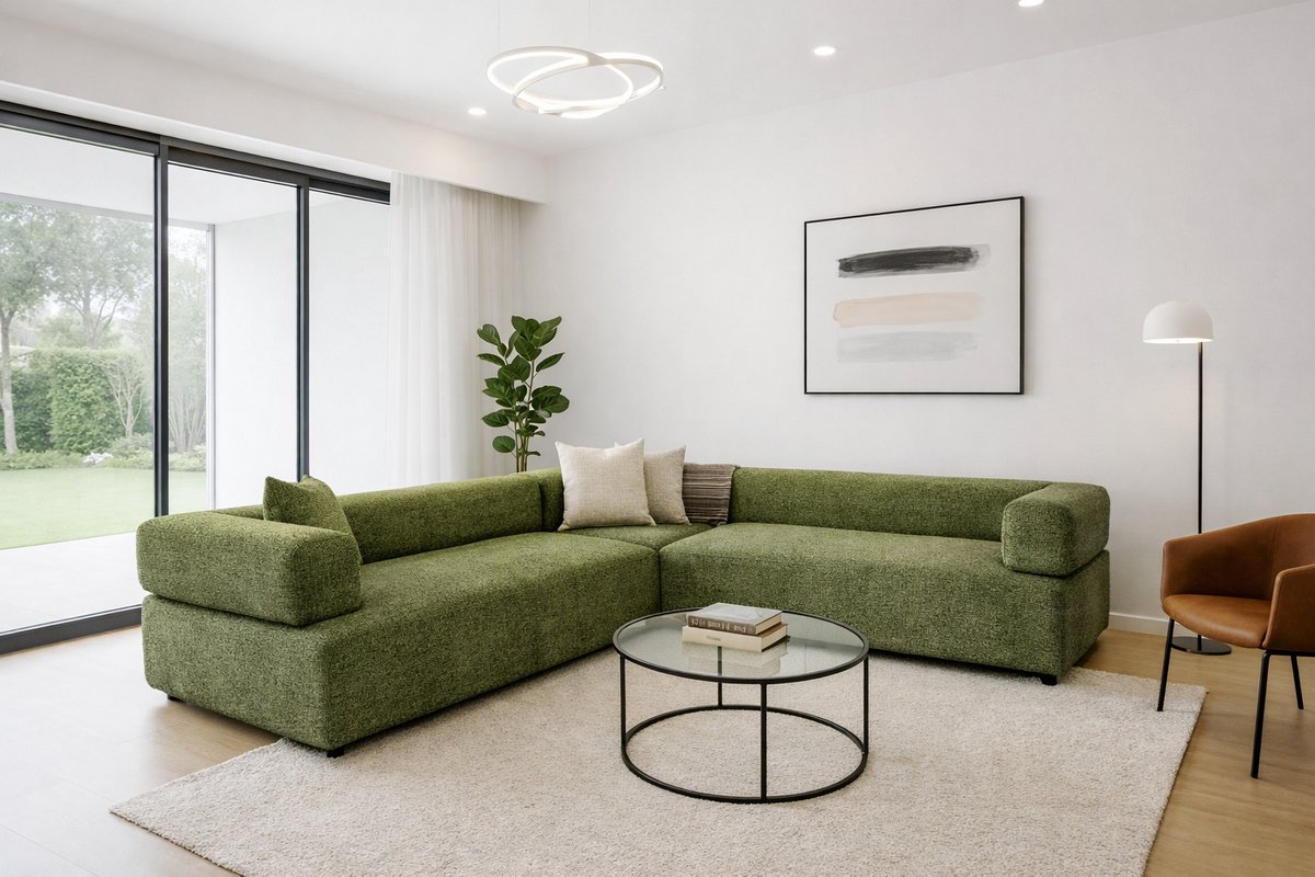 Royale U-Vormige Hoekbank – Matras King - Olive Textiel – Extra Diepe Zitting – 3-Delige Loungebank – Moderne Bank voor Woonkamer