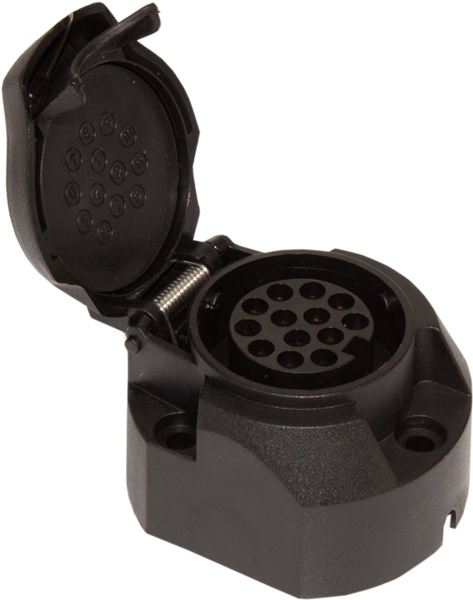 Aanhanger Stekkerdoos contactdoos - 13-polig - 12V - ISO 1724 - Schroefaansluiting - Met veerafsluitklep - Voor auto, caravan & trailer - Stevig ontwerp - Zwart kunststof [54942]