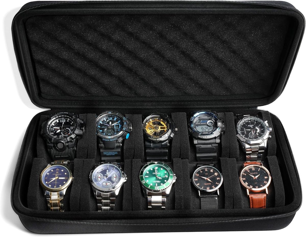 Luxe 10-Vaks Horloge Organizer - Hardcase Reisetui met Zachte Gewatteerde Houder voor Alle Horlogematen